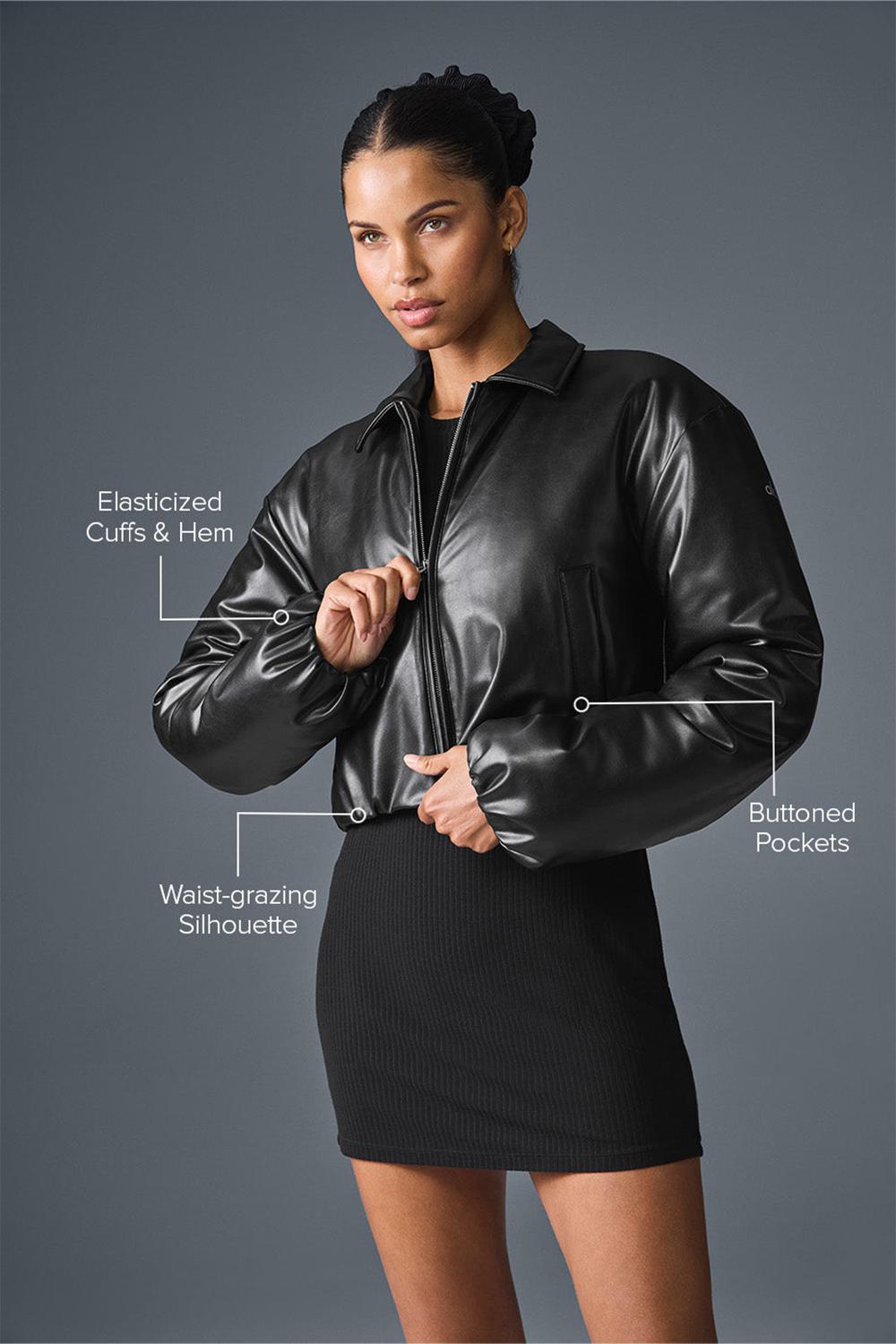 Black Women Alo Yoga Faux Leather Cropped Premier Bomber Jacket | Australia  91273-SNOH