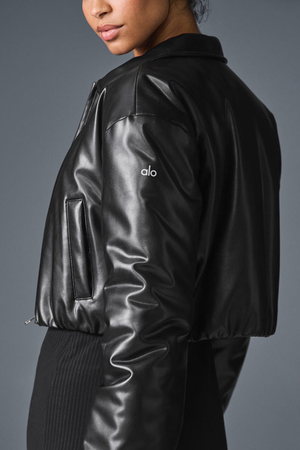 Black Women Alo Yoga Faux Leather Cropped Premier Bomber Jacket | Australia  91273-SNOH