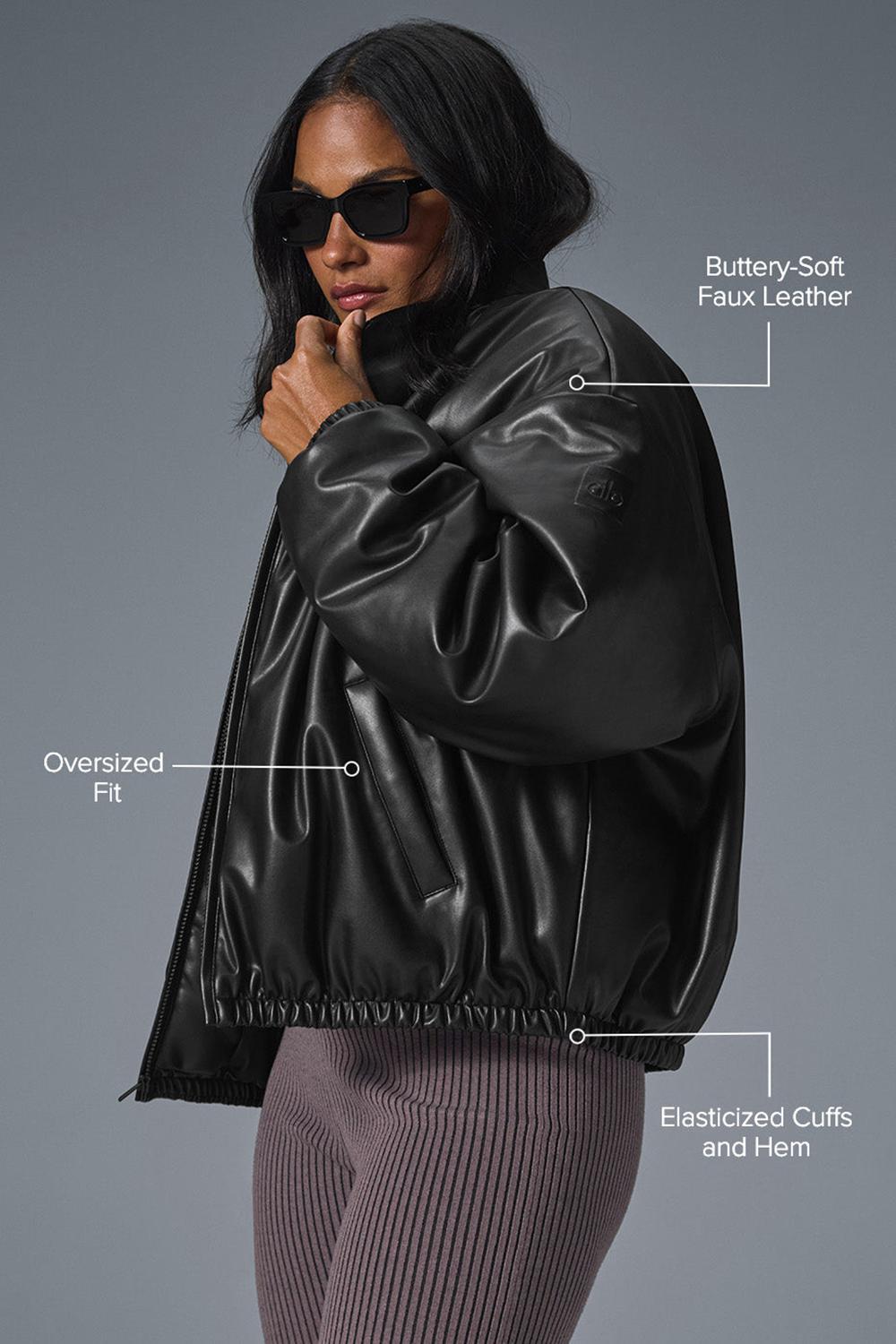 Black Women Alo Yoga Faux Leather Premier Bomber Jacket | Australia  63428-FNAH