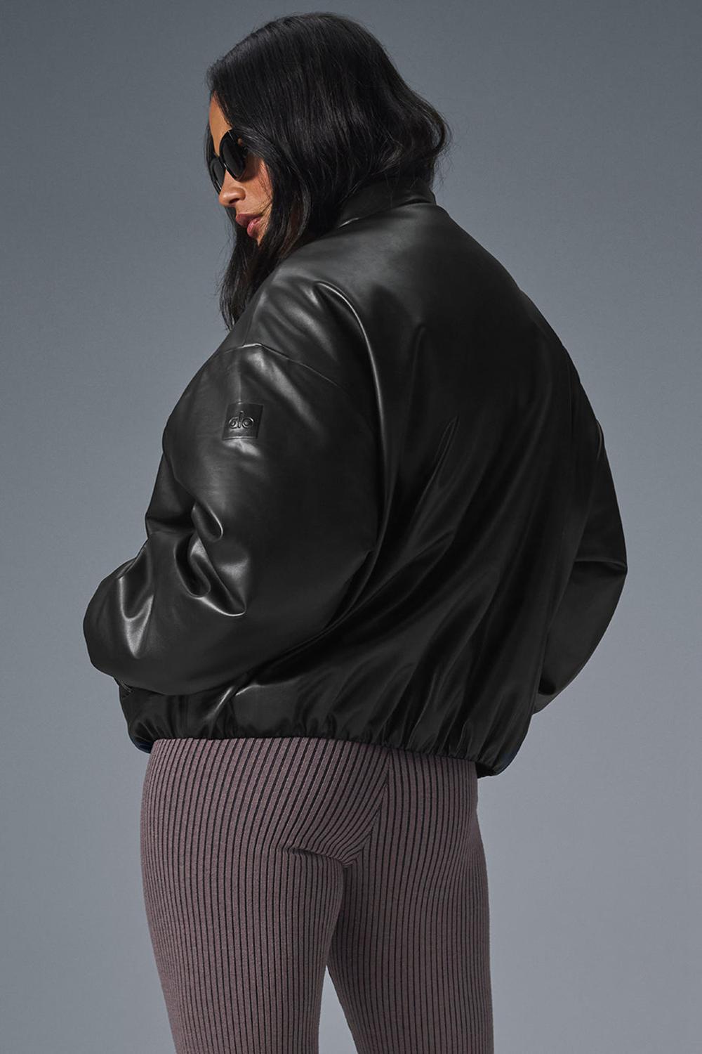 Black Women Alo Yoga Faux Leather Premier Bomber Jacket | Australia  63428-FNAH