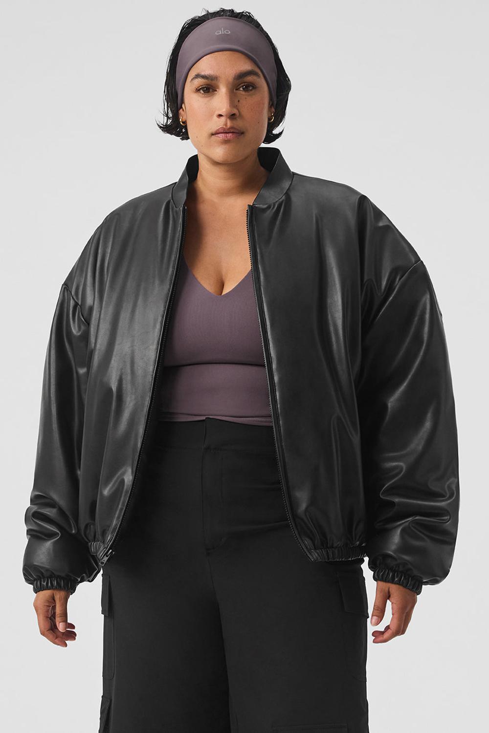 Black Women Alo Yoga Faux Leather Premier Bomber Jacket | Australia  63428-FNAH