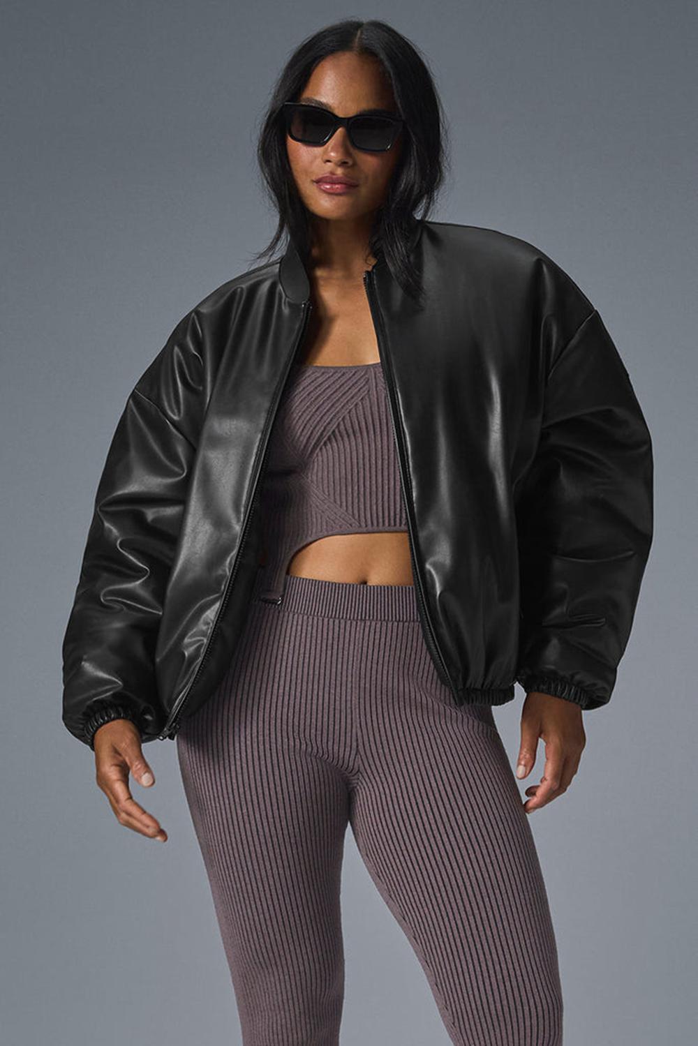 Black Women Alo Yoga Faux Leather Premier Bomber Jacket | Australia  63428-FNAH