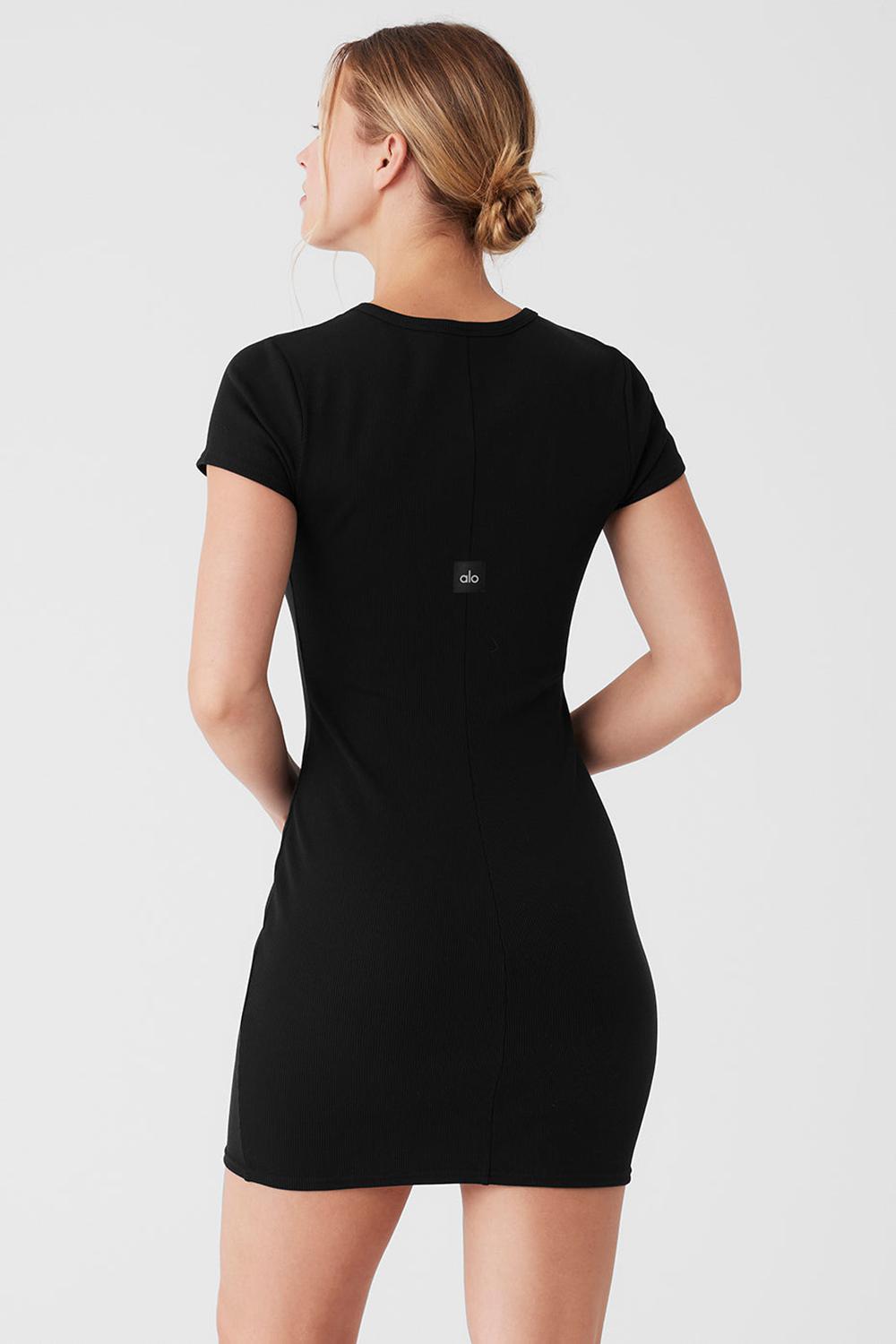 Black Women Alo Yoga Goddess Ribbed Short Sleeve Dress | Australia  57493-GXME