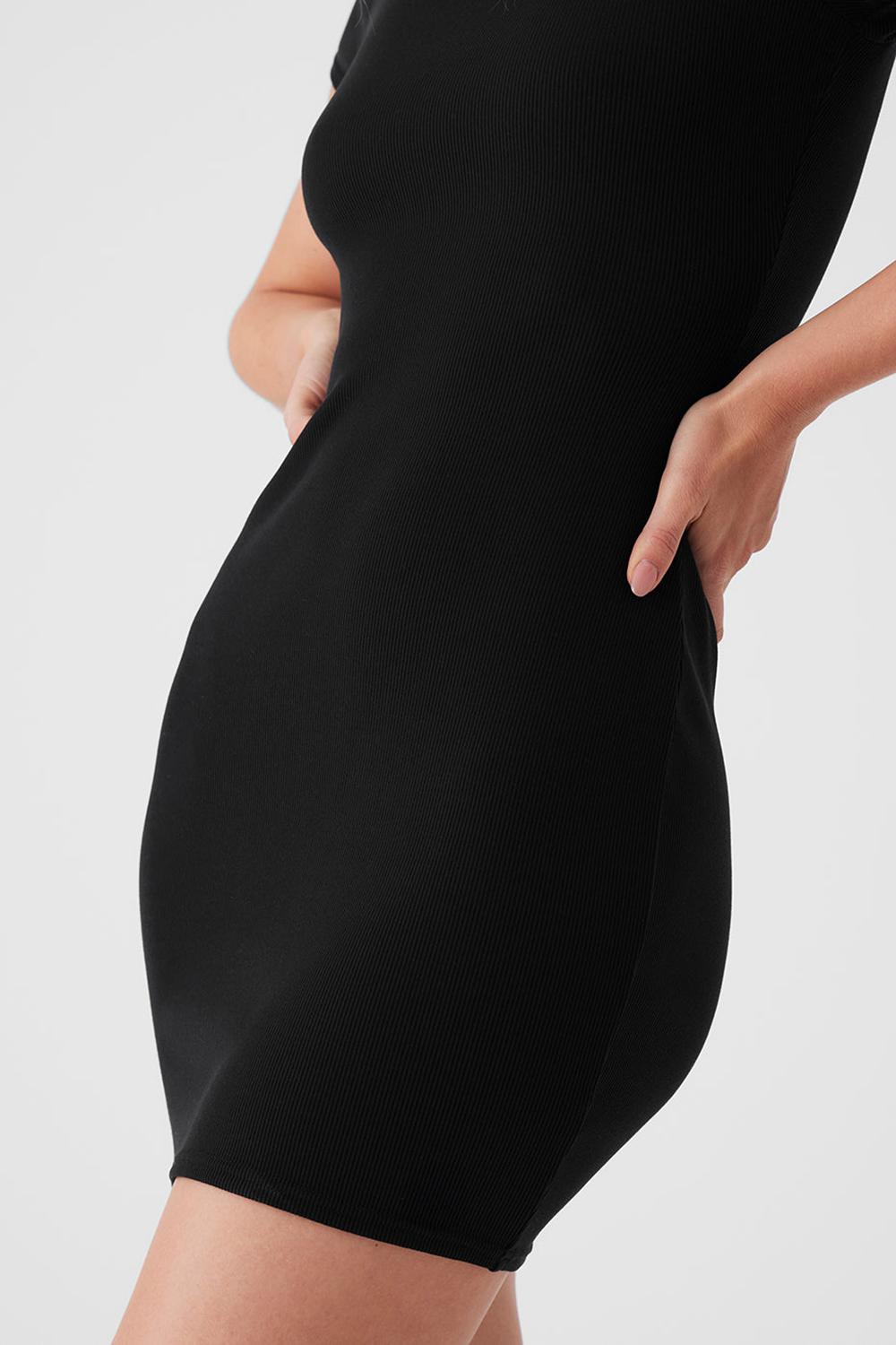 Black Women Alo Yoga Goddess Ribbed Short Sleeve Dress | Australia  57493-GXME