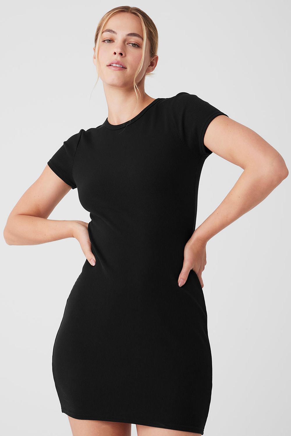 Black Women Alo Yoga Goddess Ribbed Short Sleeve Dress | Australia  57493-GXME