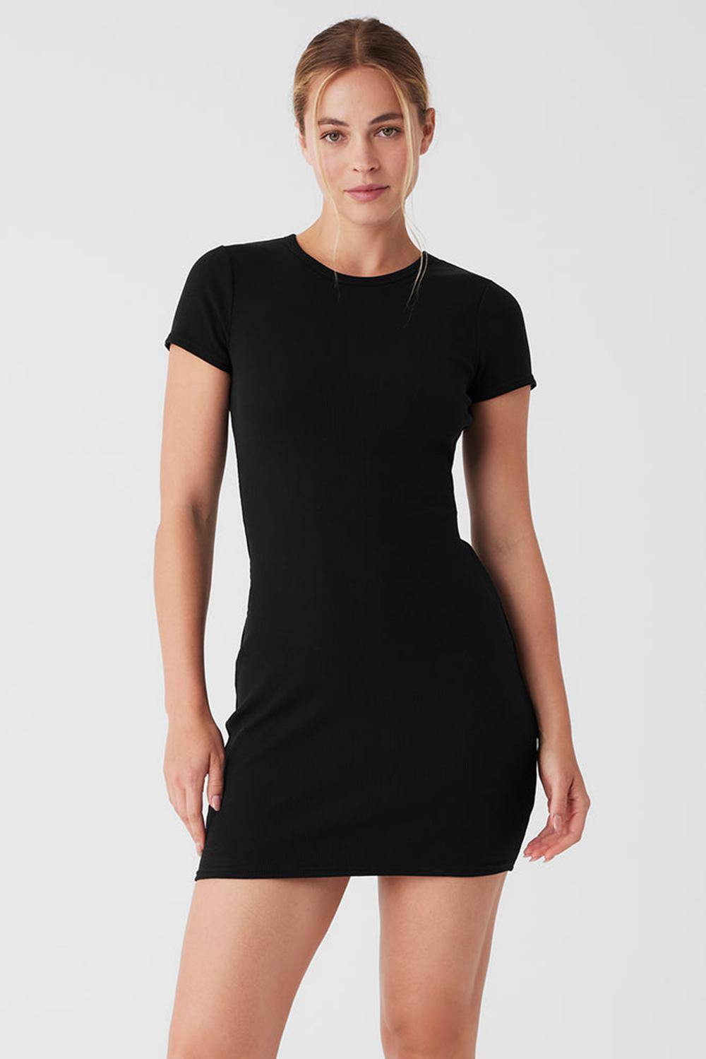 Black Women Alo Yoga Goddess Ribbed Short Sleeve Dress | Australia  57493-GXME