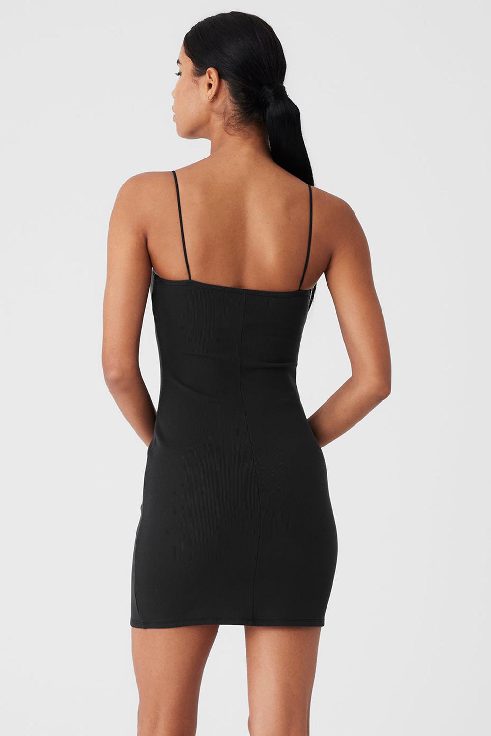 Black Women Alo Yoga Goddess Ribbed Spaghetti Strap Dress | Australia  96071-PAEY