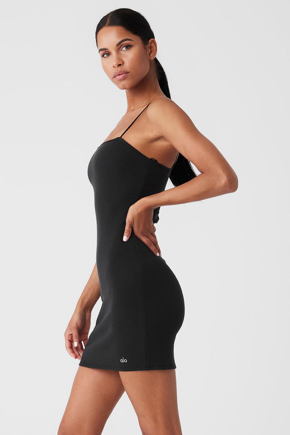 Black Women Alo Yoga Goddess Ribbed Spaghetti Strap Dress | Australia  96071-PAEY