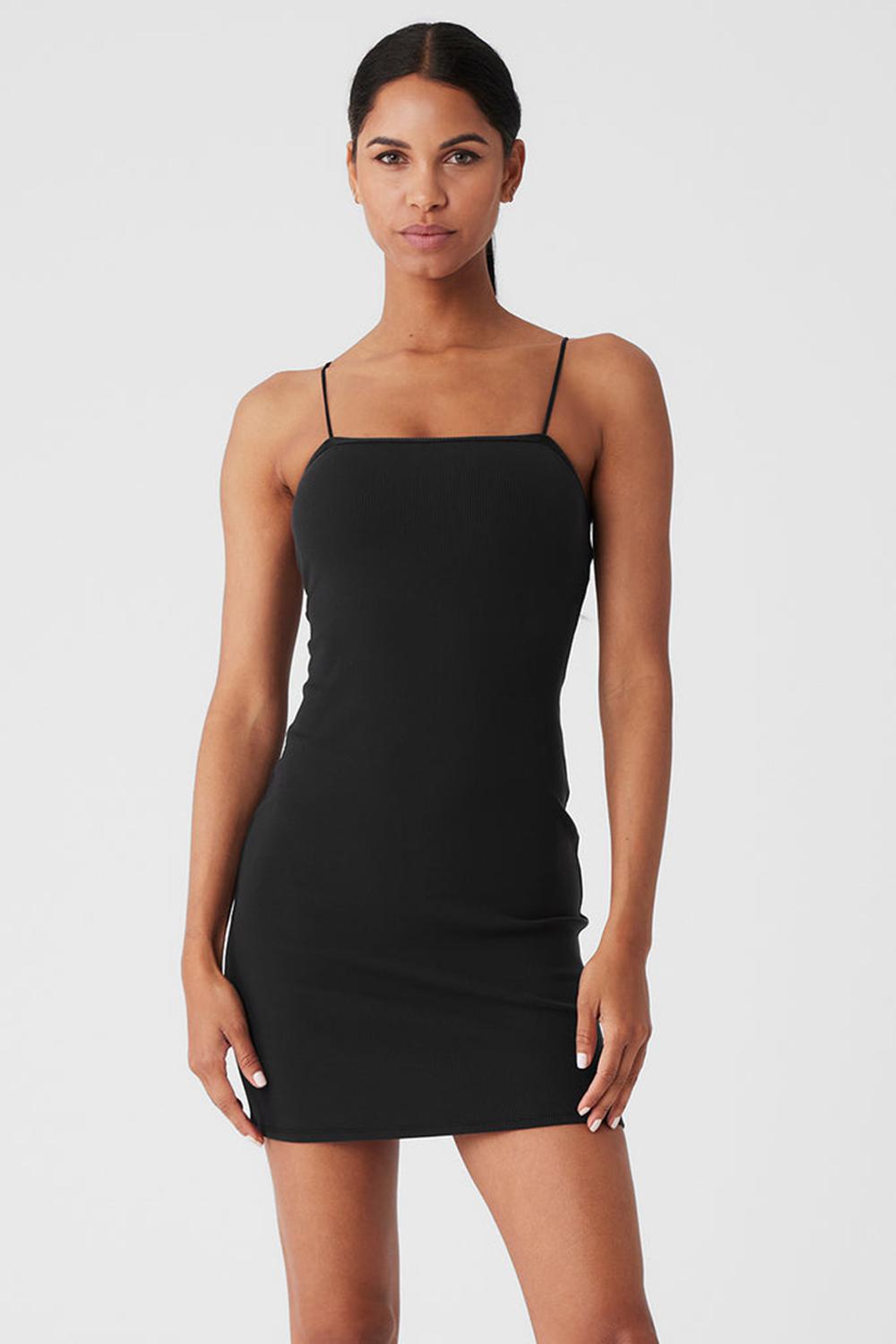 Black Women Alo Yoga Goddess Ribbed Spaghetti Strap Dress | Australia  96071-PAEY