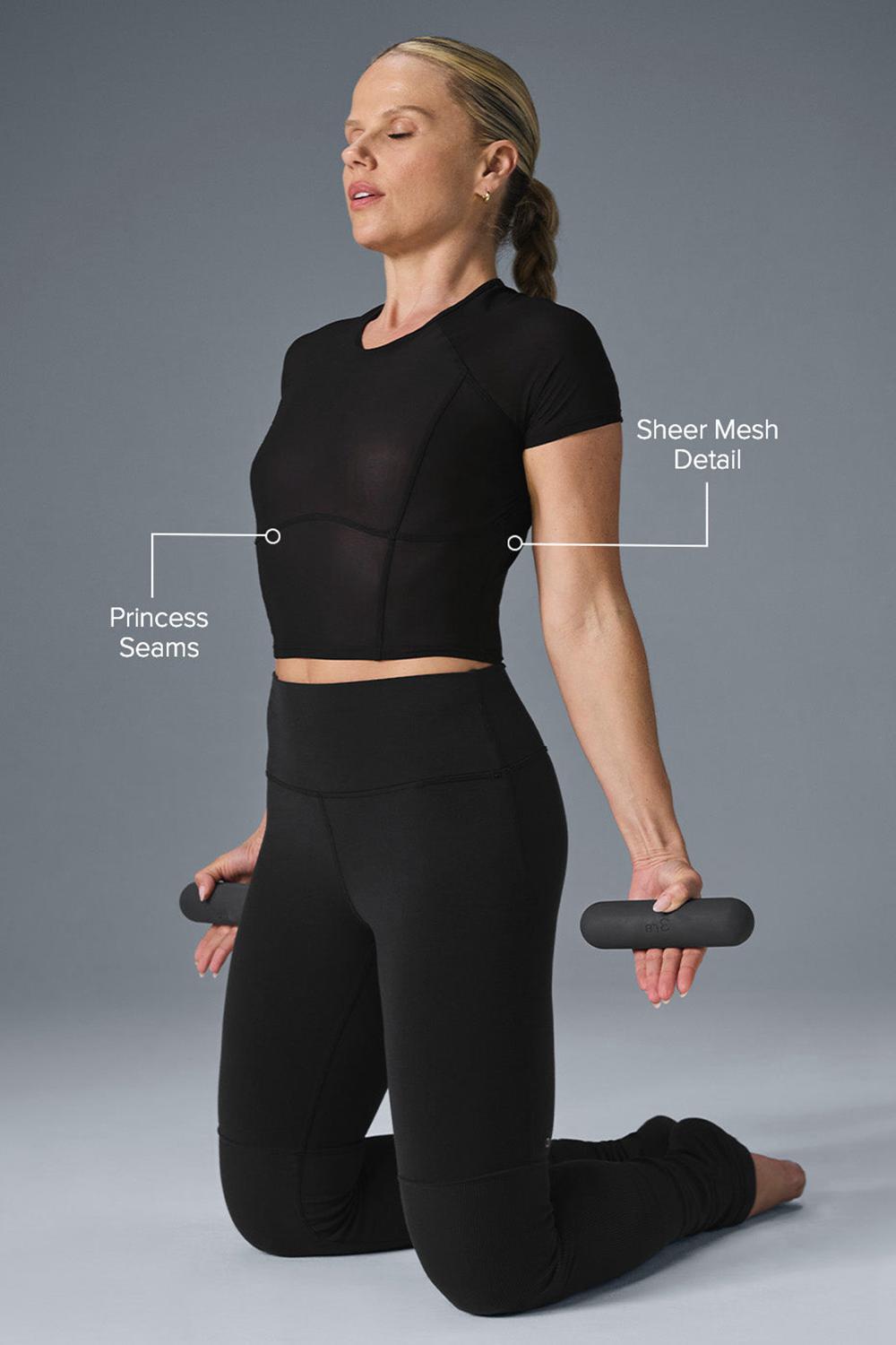 Black Women Alo Yoga Mesh Cropped Tempo Short Sleeve | Australia  79413-AWXT
