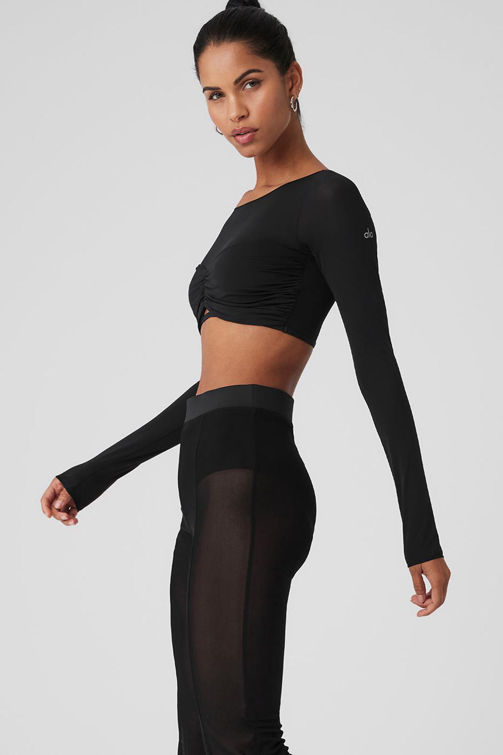 Black Women Alo Yoga Mesh Sheer Illusion Cropped Long Sleeve | Australia  93216-LJAM