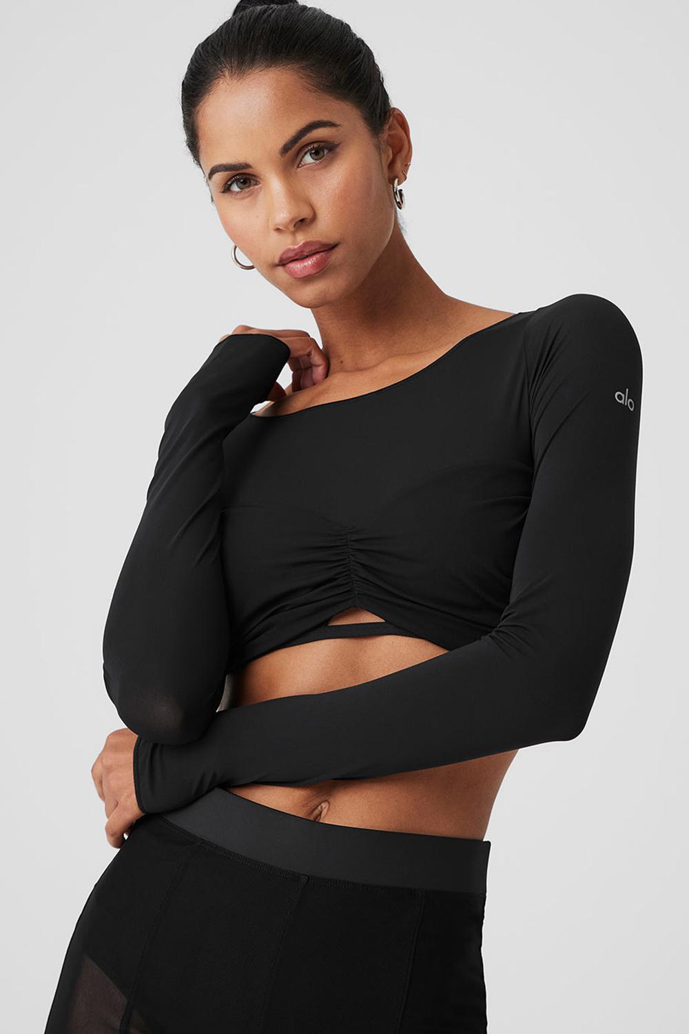Black Women Alo Yoga Mesh Sheer Illusion Cropped Long Sleeve | Australia  93216-LJAM