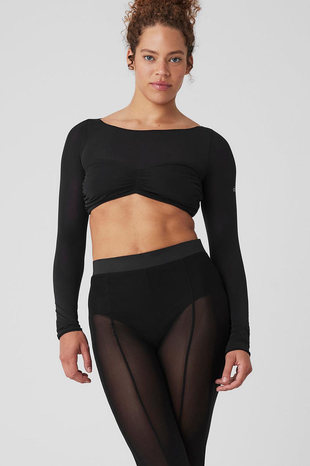 Black Women Alo Yoga Mesh Sheer Illusion Cropped Long Sleeve | Australia  93216-LJAM