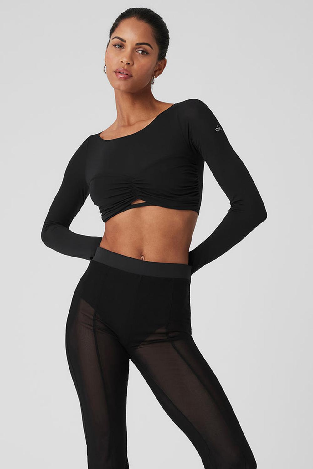 Black Women Alo Yoga Mesh Sheer Illusion Cropped Long Sleeve | Australia  93216-LJAM