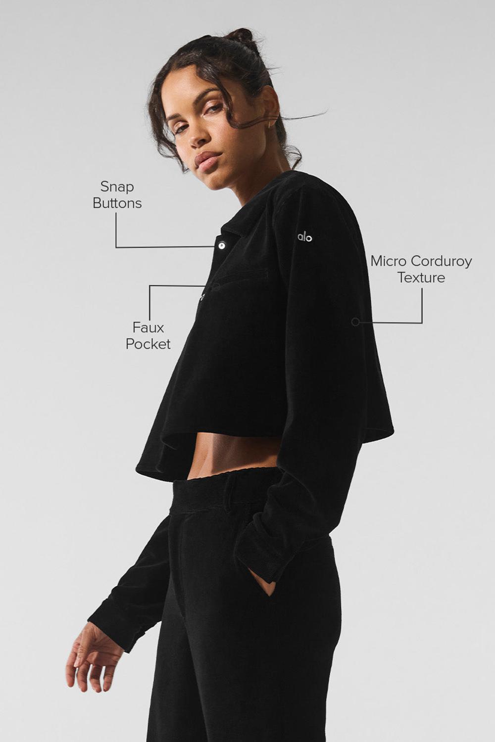 Black Women Alo Yoga Micro Corduroy Dreamer Button Down Cropped Tops | Australia  35984-IDUS