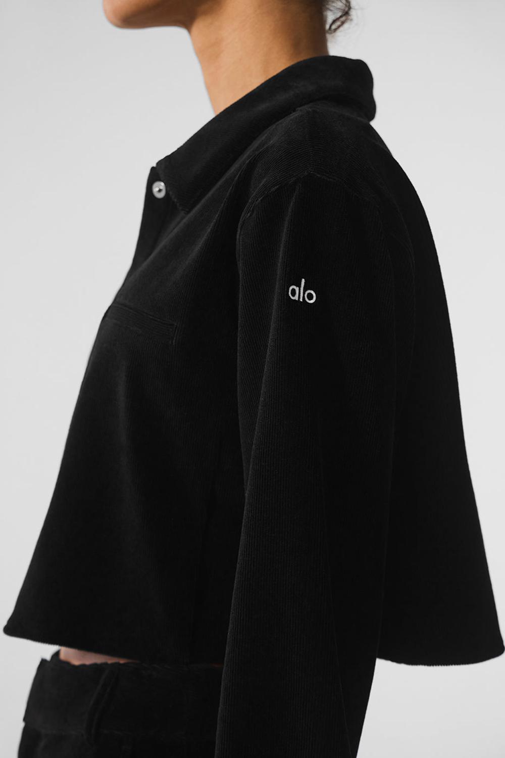 Black Women Alo Yoga Micro Corduroy Dreamer Button Down Cropped Tops | Australia  35984-IDUS
