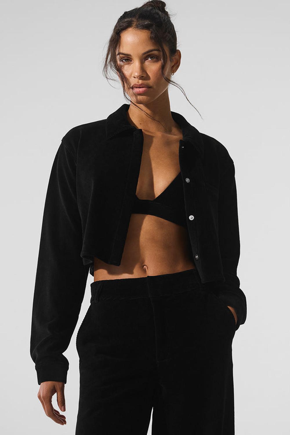 Black Women Alo Yoga Micro Corduroy Dreamer Button Down Cropped Tops | Australia  35984-IDUS