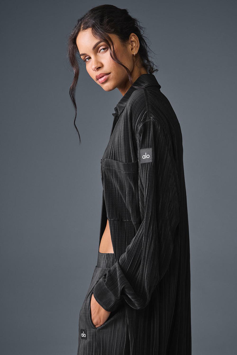 Black Women Alo Yoga Micro Plisse Shirt Dress | Australia  98532-DQXN