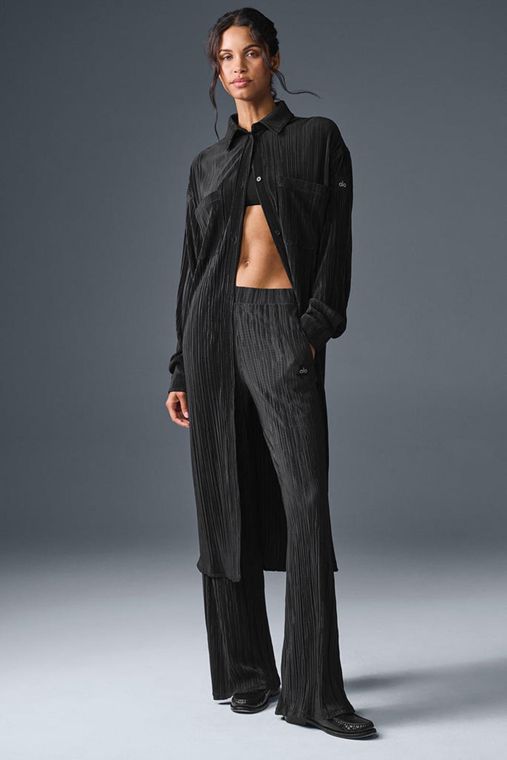 Black Women Alo Yoga Micro Plisse Shirt Dress | Australia  98532-DQXN