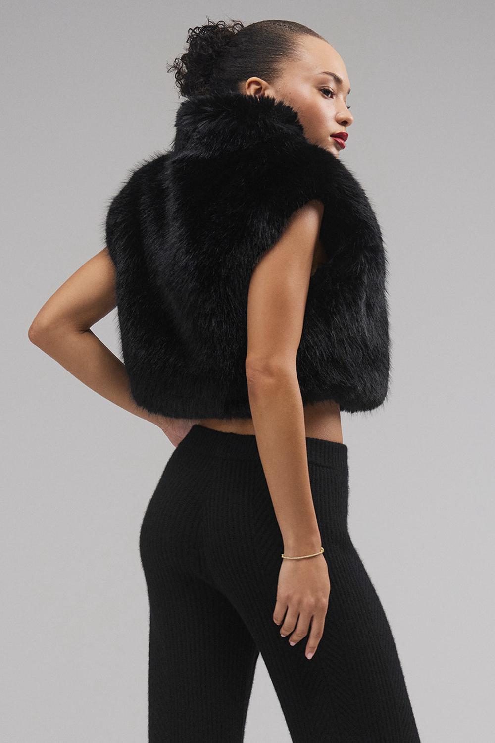 Black Women Alo Yoga Opulent Faux Fur Cropped Vest | Australia  73418-LCRV