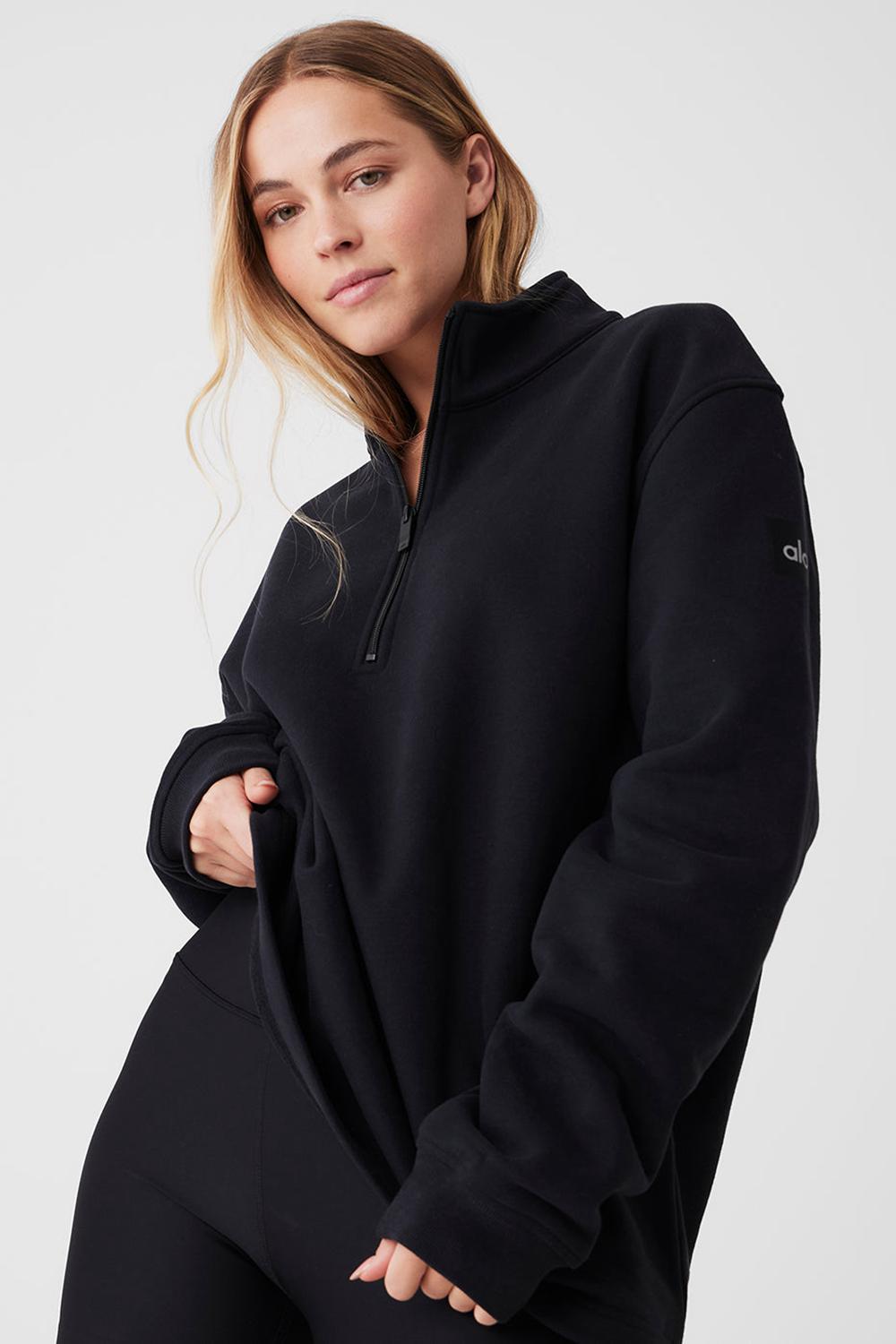 Black Women Alo Yoga Renown Heavy Weight 1/4 Zip Hoodie | Australia  96437-BSGP