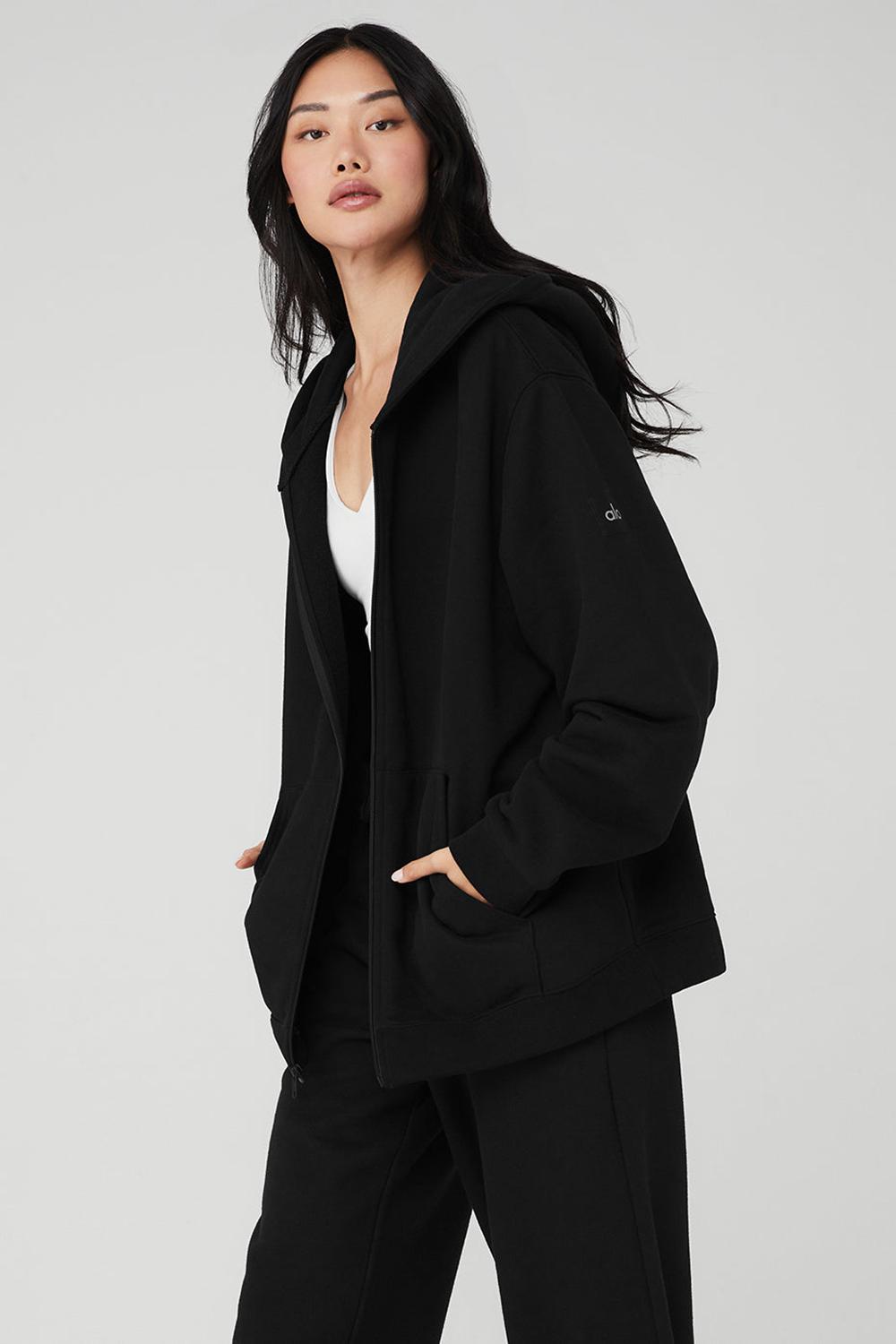 Black Women Alo Yoga Renown Heavy Weight Full Zip Hoodie | Australia  30196-VWFG