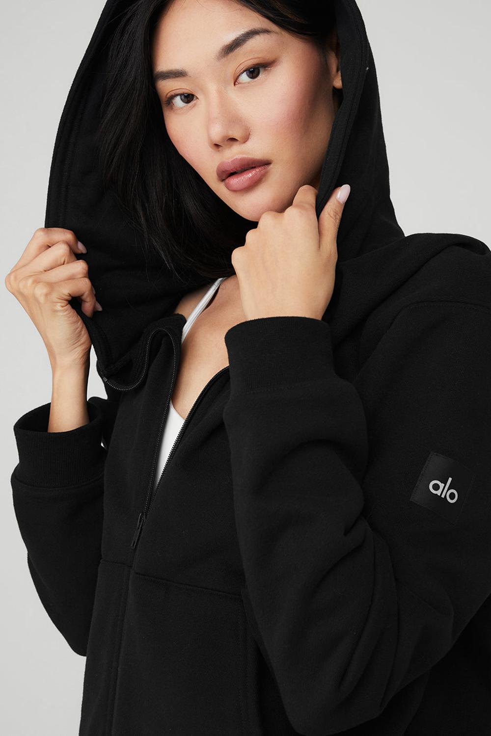 Black Women Alo Yoga Renown Heavy Weight Full Zip Hoodie | Australia  30196-VWFG