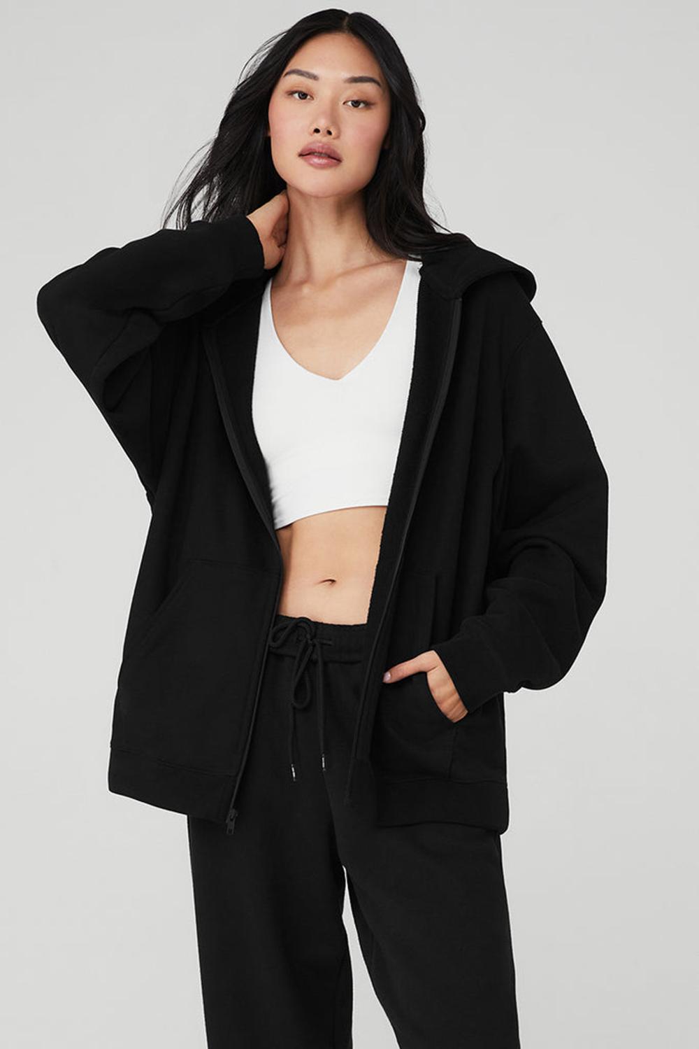 Black Women Alo Yoga Renown Heavy Weight Full Zip Hoodie | Australia  30196-VWFG