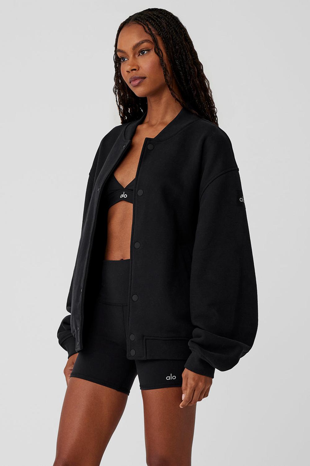 Black Women Alo Yoga Renown Varsity Jacket | Australia  86724-OUHN