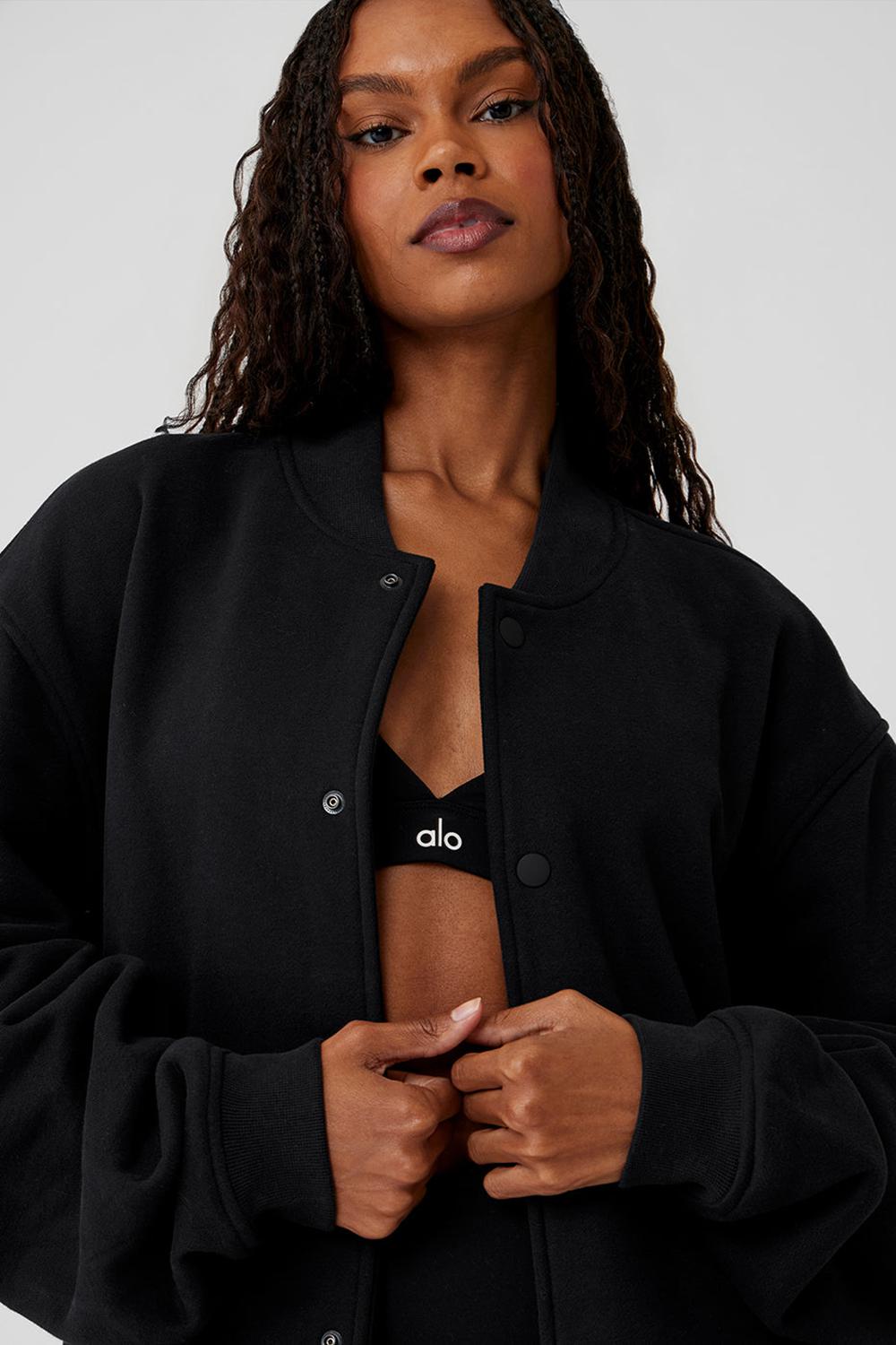 Black Women Alo Yoga Renown Varsity Jacket | Australia  86724-OUHN
