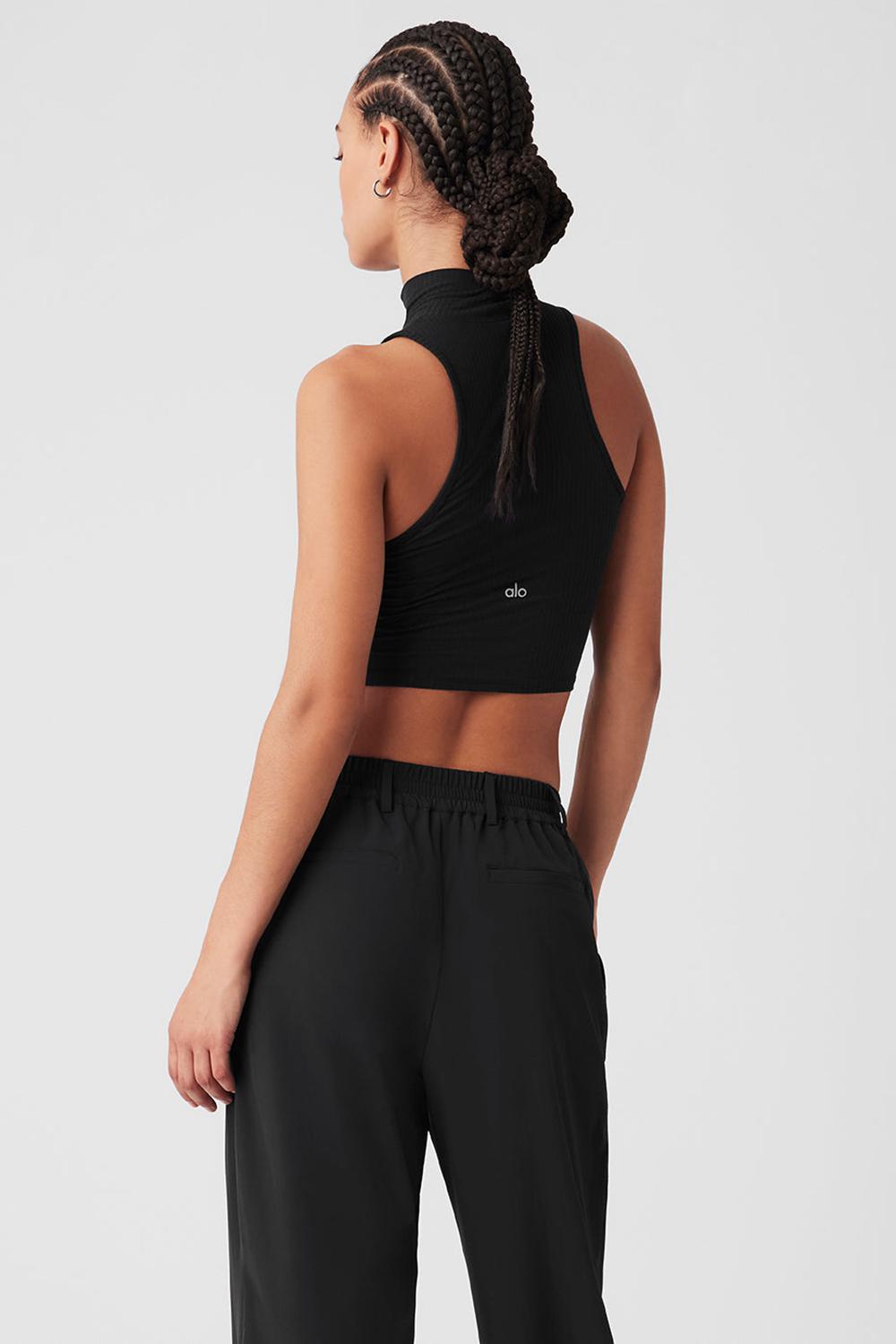 Black Women Alo Yoga Ribbed Sea Coast Cropped Turtleneck Tank | Australia  45160-XNFZ