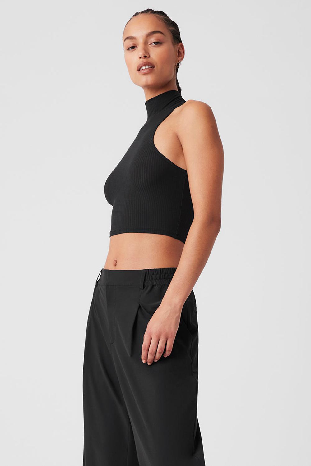 Black Women Alo Yoga Ribbed Sea Coast Cropped Turtleneck Tank | Australia  45160-XNFZ