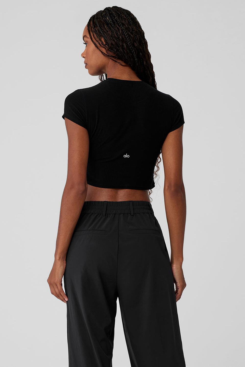 Black Women Alo Yoga Ribbed Sea Coast Cropped Sleeve Tee | Australia  51697-NLRQ