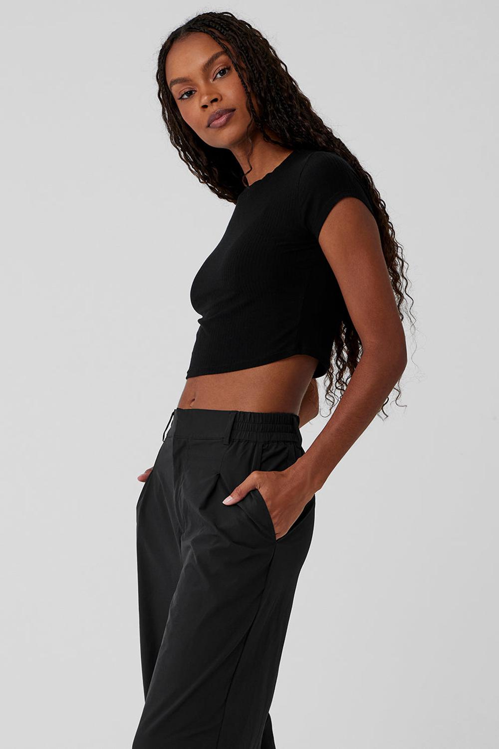 Black Women Alo Yoga Ribbed Sea Coast Cropped Sleeve Tee | Australia  51697-NLRQ