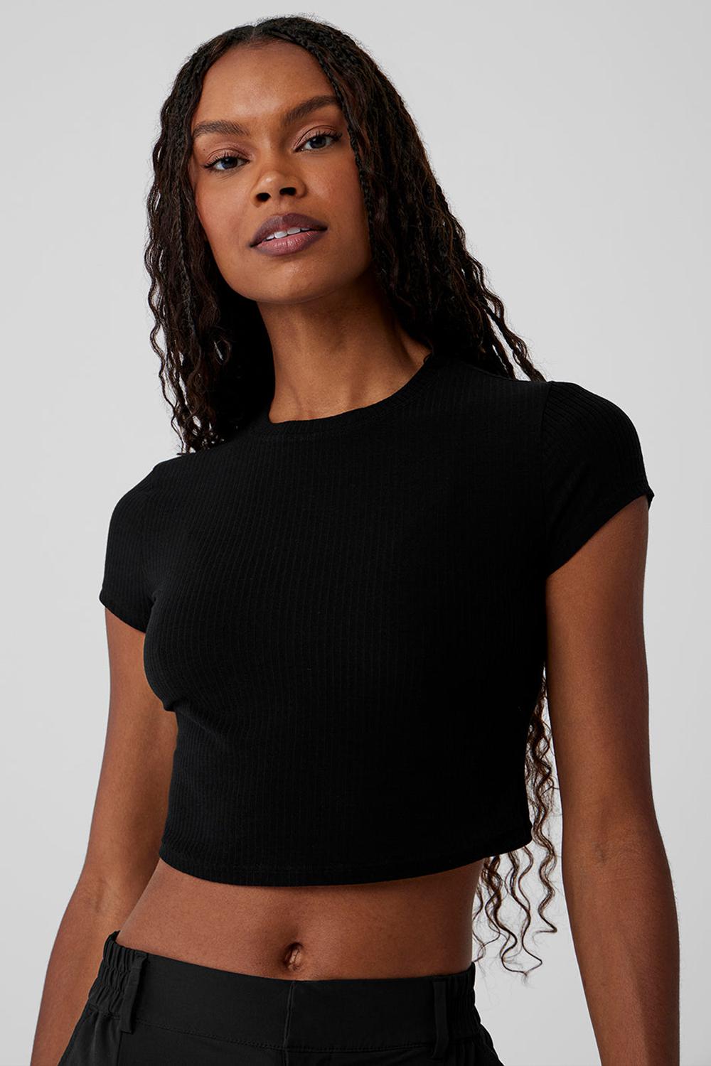 Black Women Alo Yoga Ribbed Sea Coast Cropped Sleeve Tee | Australia  51697-NLRQ