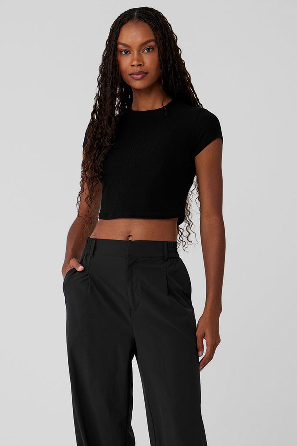 Black Women Alo Yoga Ribbed Sea Coast Cropped Sleeve Tee | Australia  51697-NLRQ