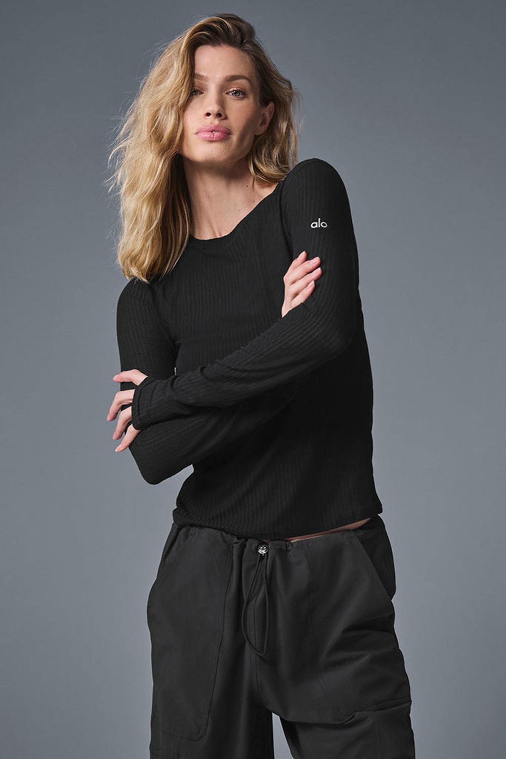 Black Women Alo Yoga Ribbed Sea Coast Long Sleeve | Australia  31965-GOCM