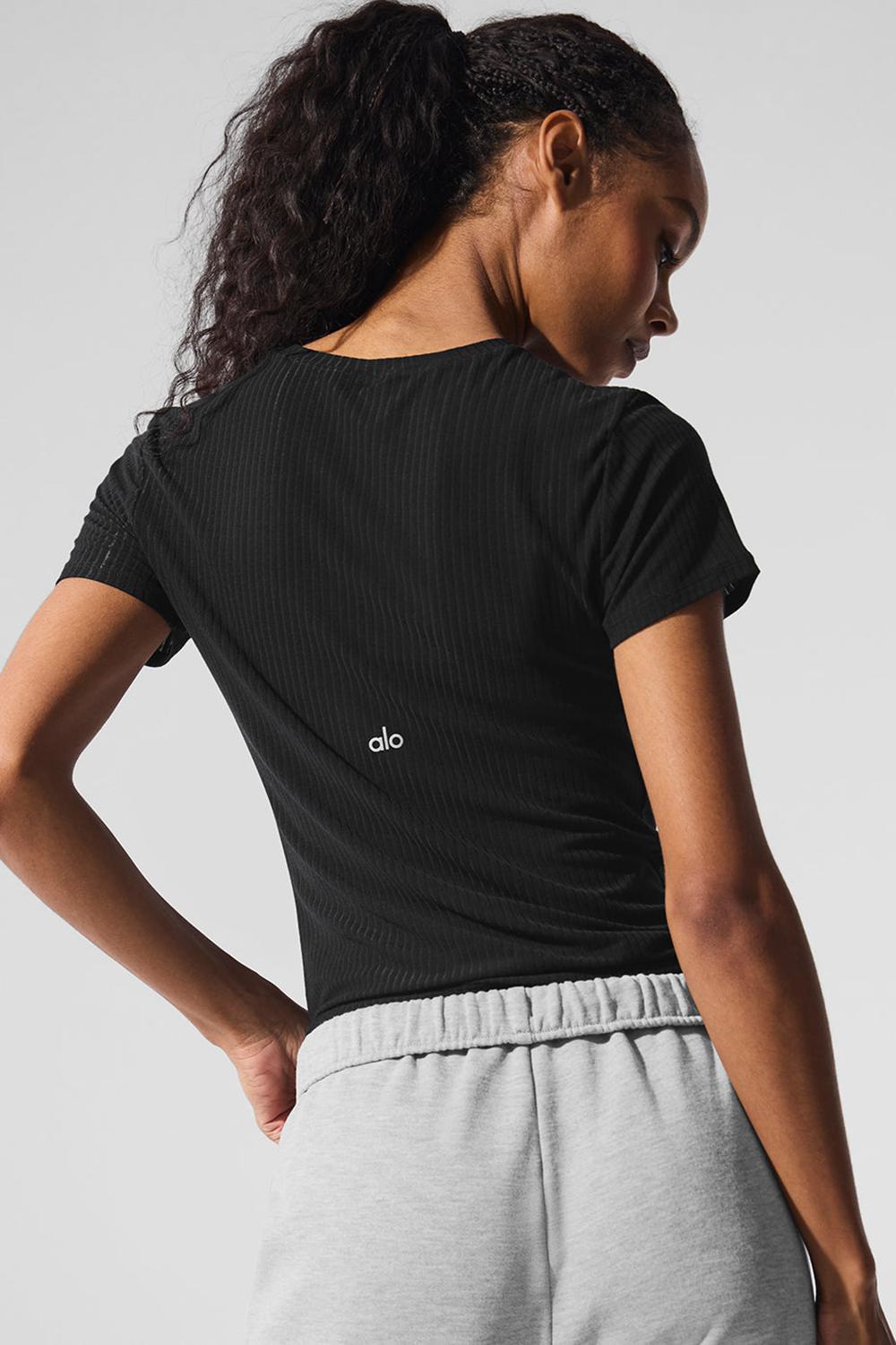 Black Women Alo Yoga Ribbed Sea Coast Tee | Australia  62853-MYRC