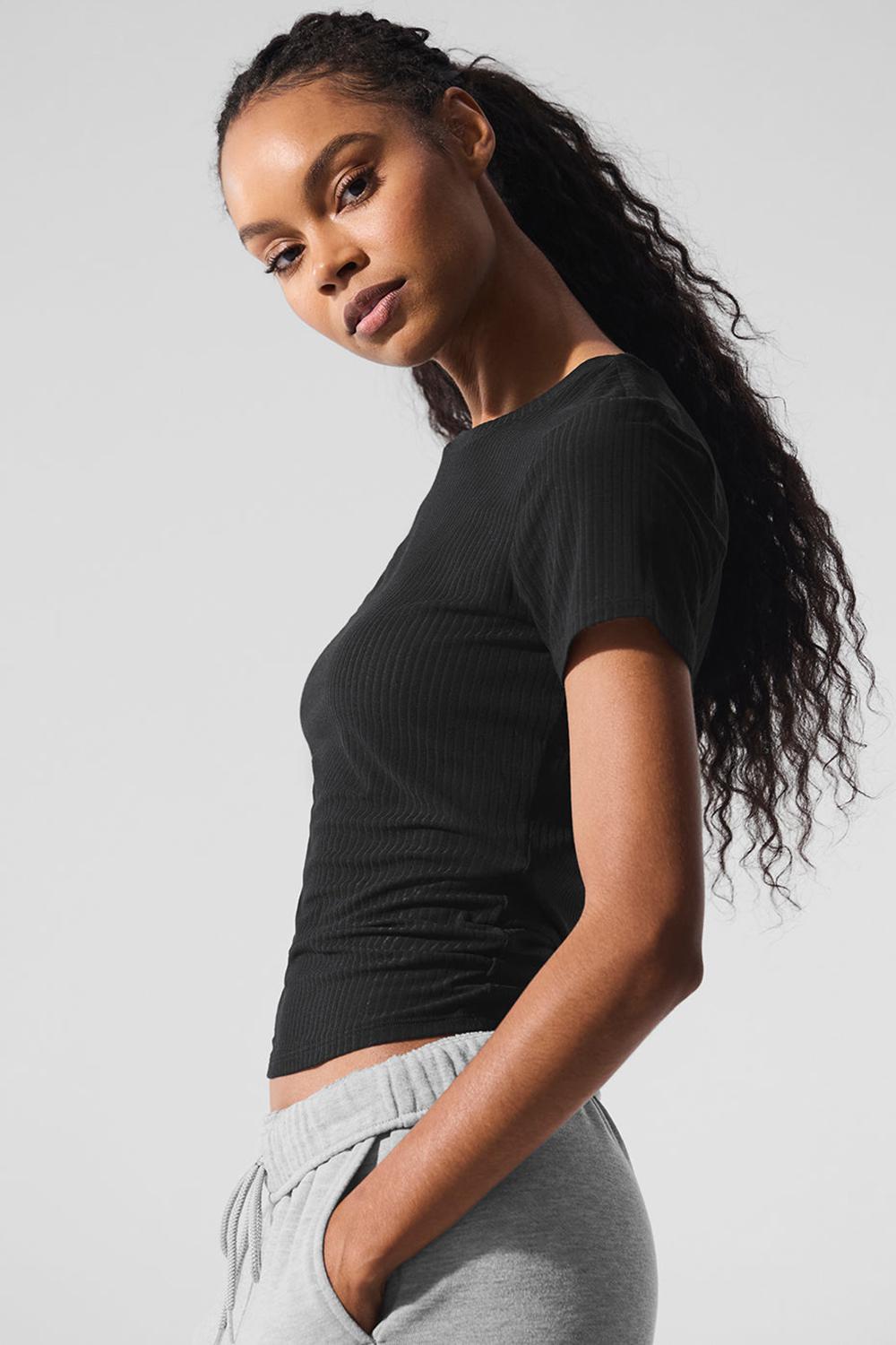 Black Women Alo Yoga Ribbed Sea Coast Tee | Australia  62853-MYRC
