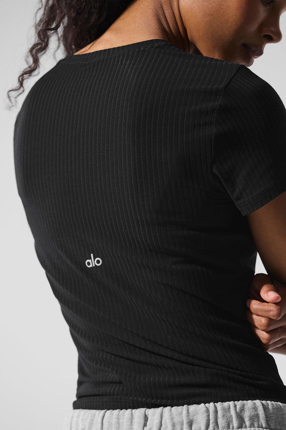 Black Women Alo Yoga Ribbed Sea Coast Tee | Australia  62853-MYRC