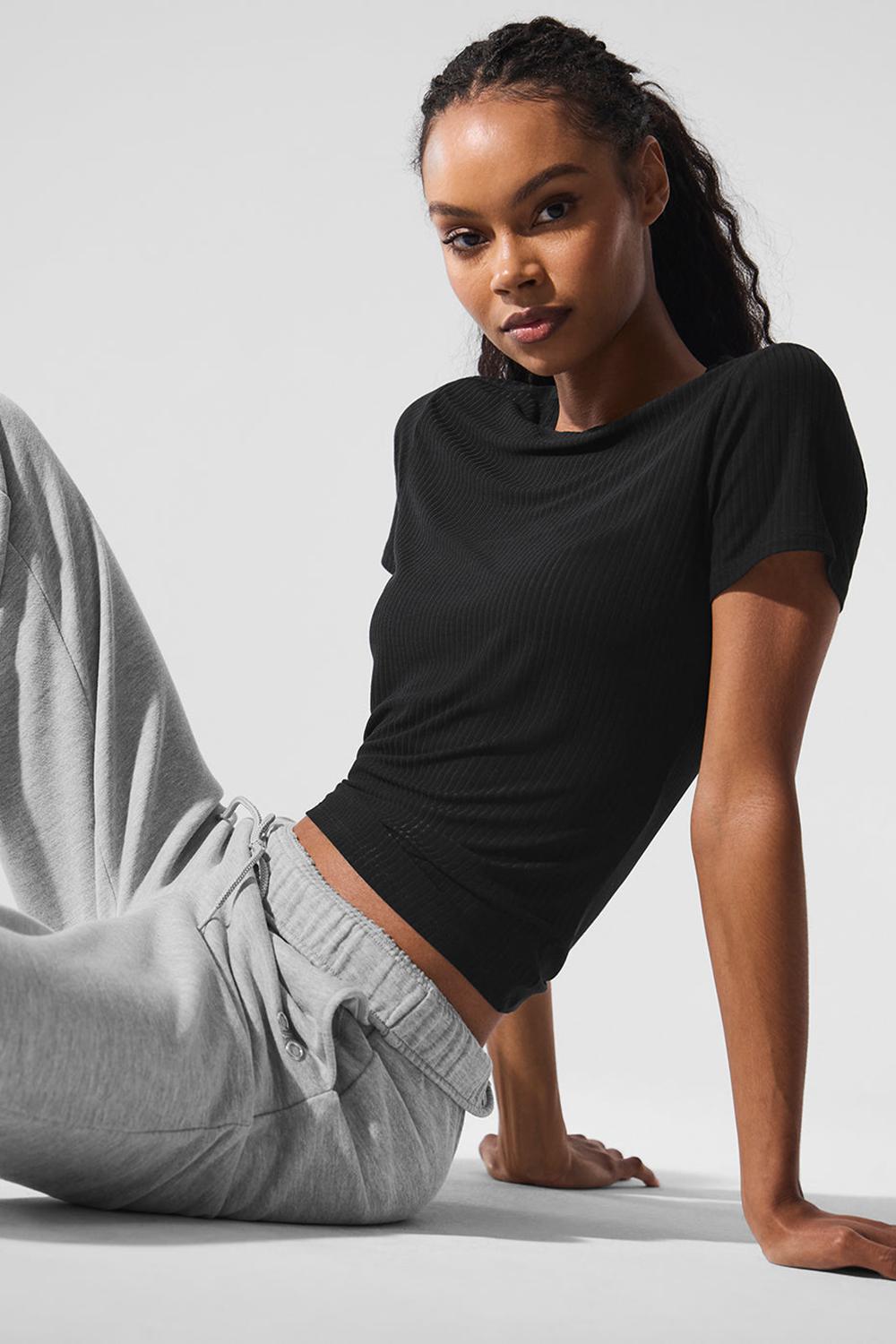 Black Women Alo Yoga Ribbed Sea Coast Tee | Australia  62853-MYRC