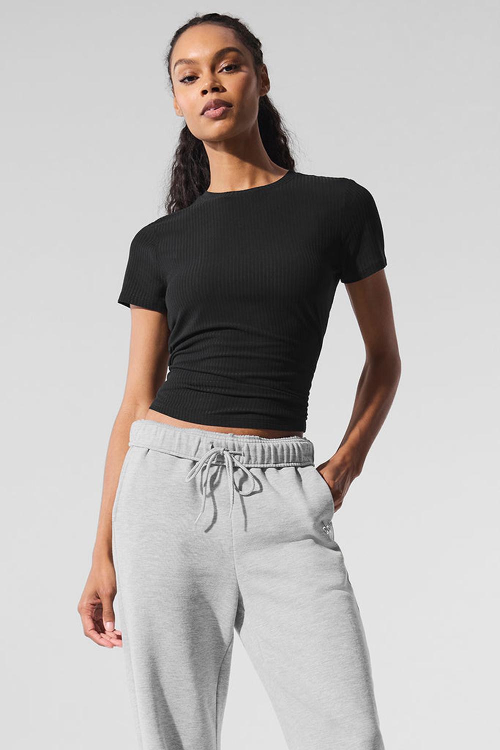 Black Women Alo Yoga Ribbed Sea Coast Tee | Australia  62853-MYRC