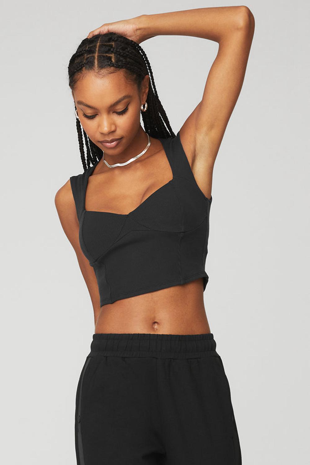 Black Women Alo Yoga Ribbed Sweetheart Short Sleeve | Australia  10379-RYEO