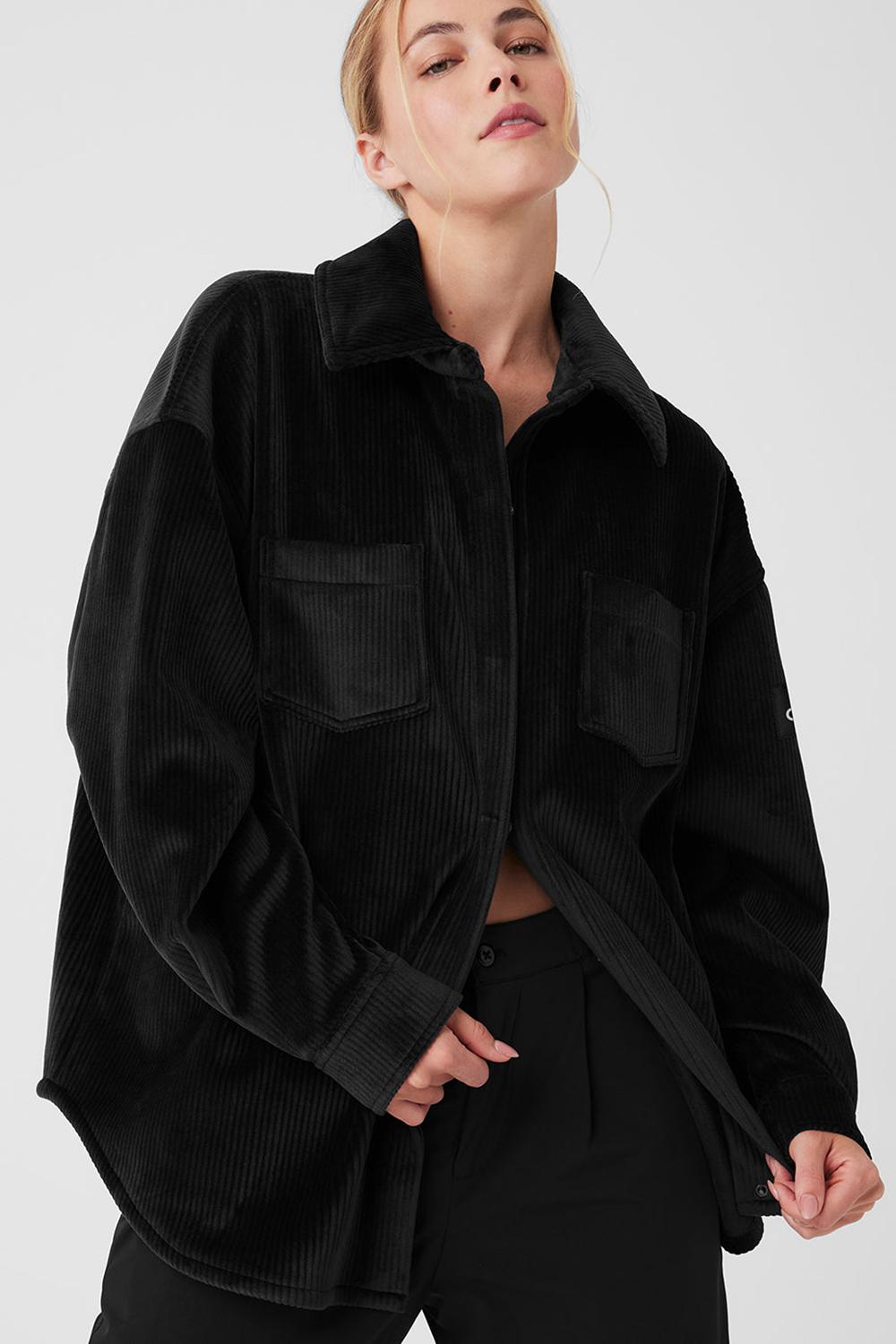 Black Women Alo Yoga Ribbed Velour Mountain Side Shacket Jacket | Australia  34865-DMSH