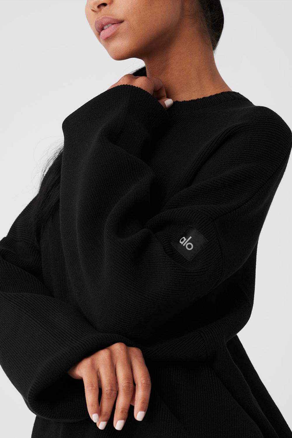 Black Women Alo Yoga Scholar Crew Neck Sweater | Australia  73650-HBWK