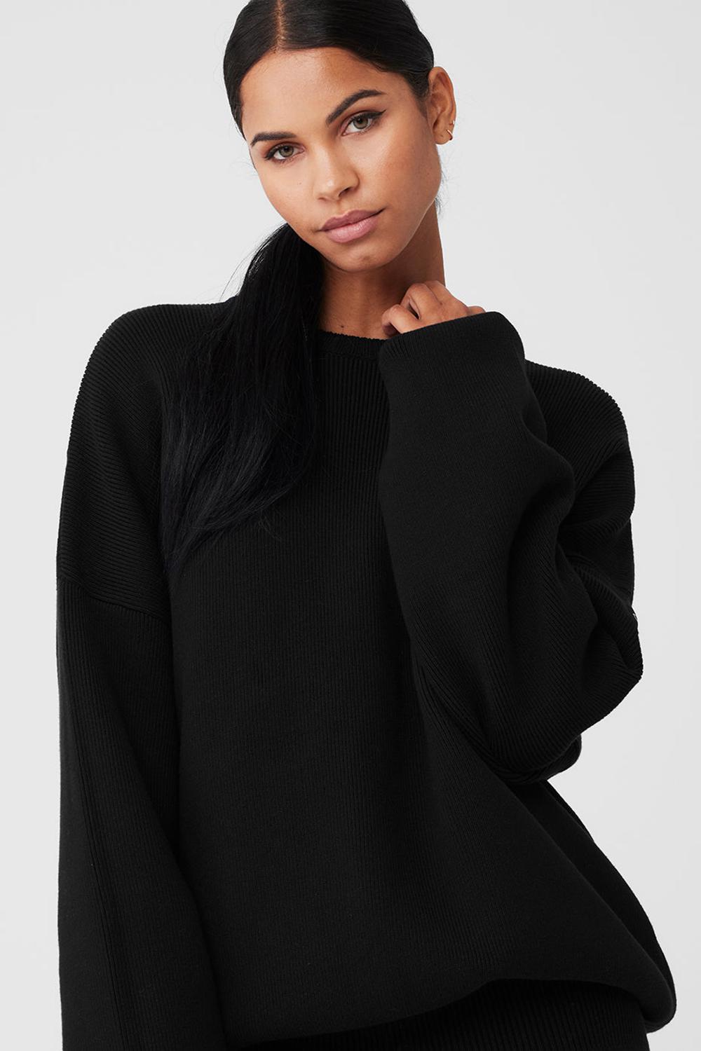 Black Women Alo Yoga Scholar Crew Neck Sweater | Australia  73650-HBWK