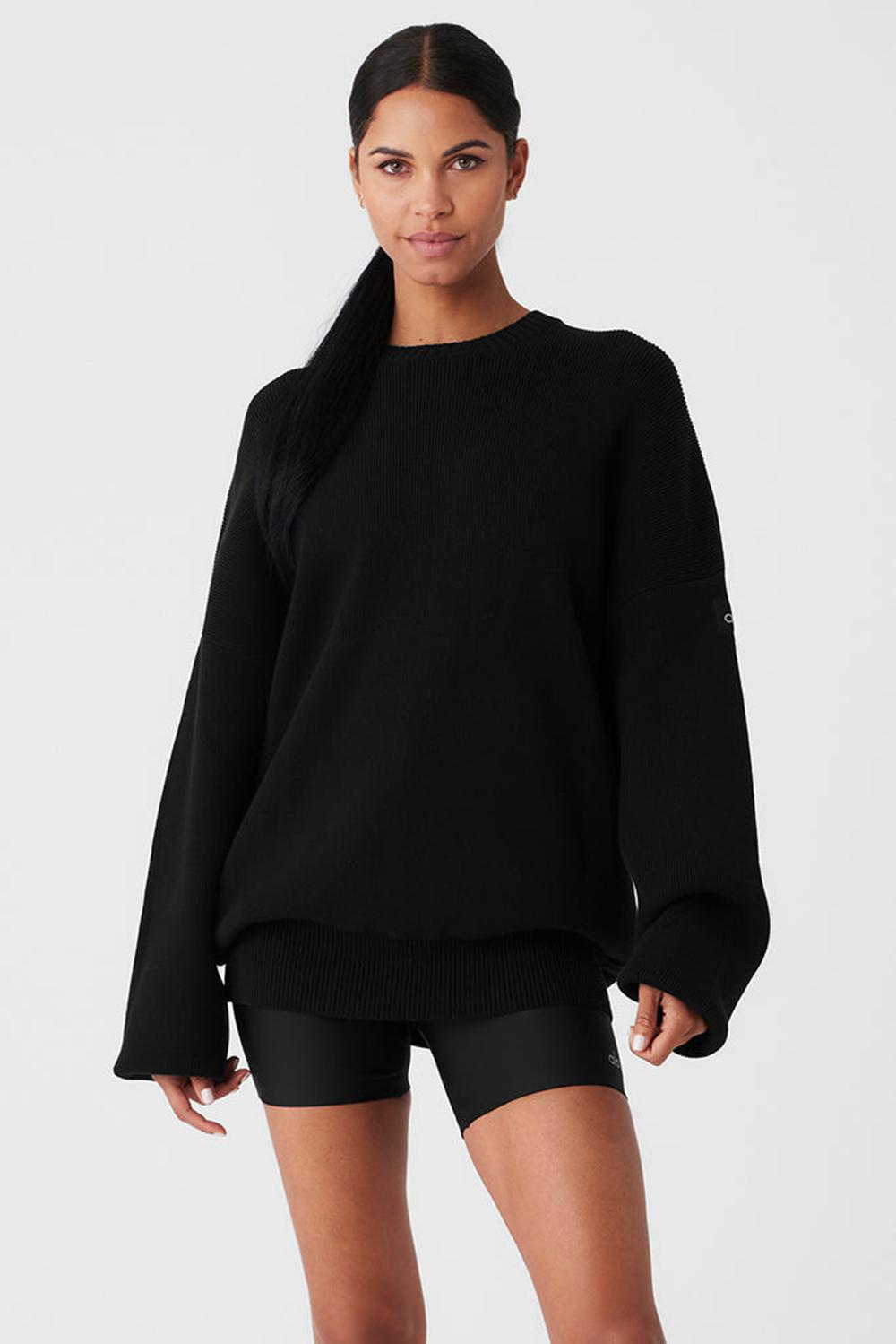 Black Women Alo Yoga Scholar Crew Neck Sweater | Australia  73650-HBWK