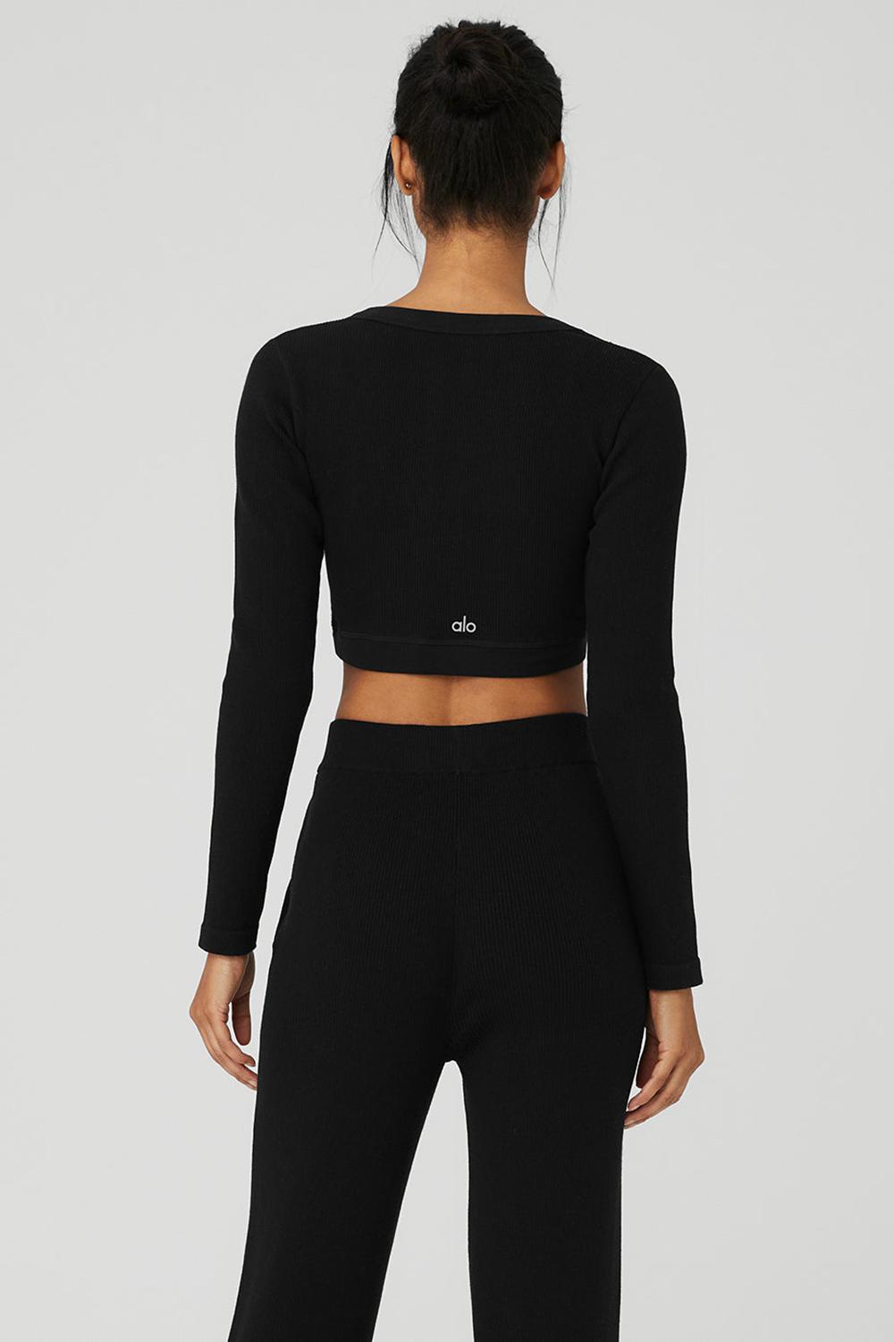 Black Women Alo Yoga Seamless Ribbed Cropped Serene Long Sleeve | Australia  19526-SOIA