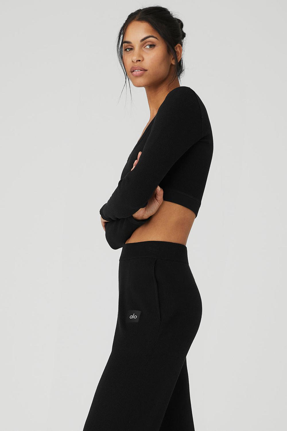 Black Women Alo Yoga Seamless Ribbed Cropped Serene Long Sleeve | Australia  19526-SOIA