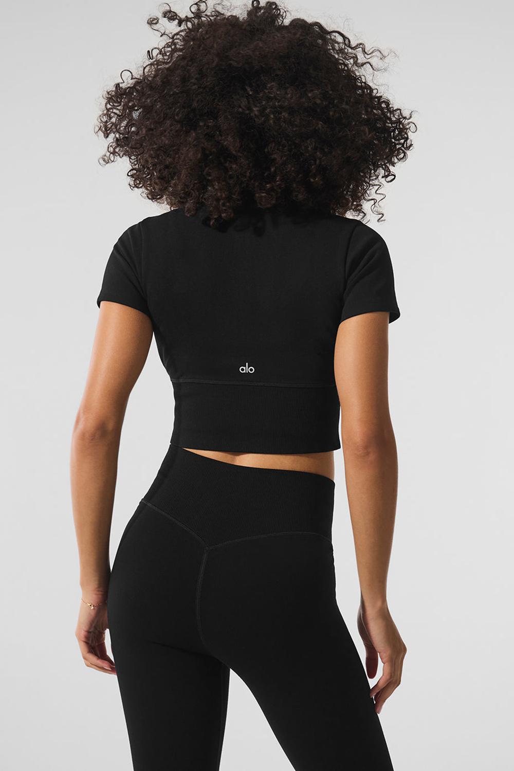Black Women Alo Yoga Seamless Winter Warm Plush Cropped Short Sleeve | Australia  27804-VIQN